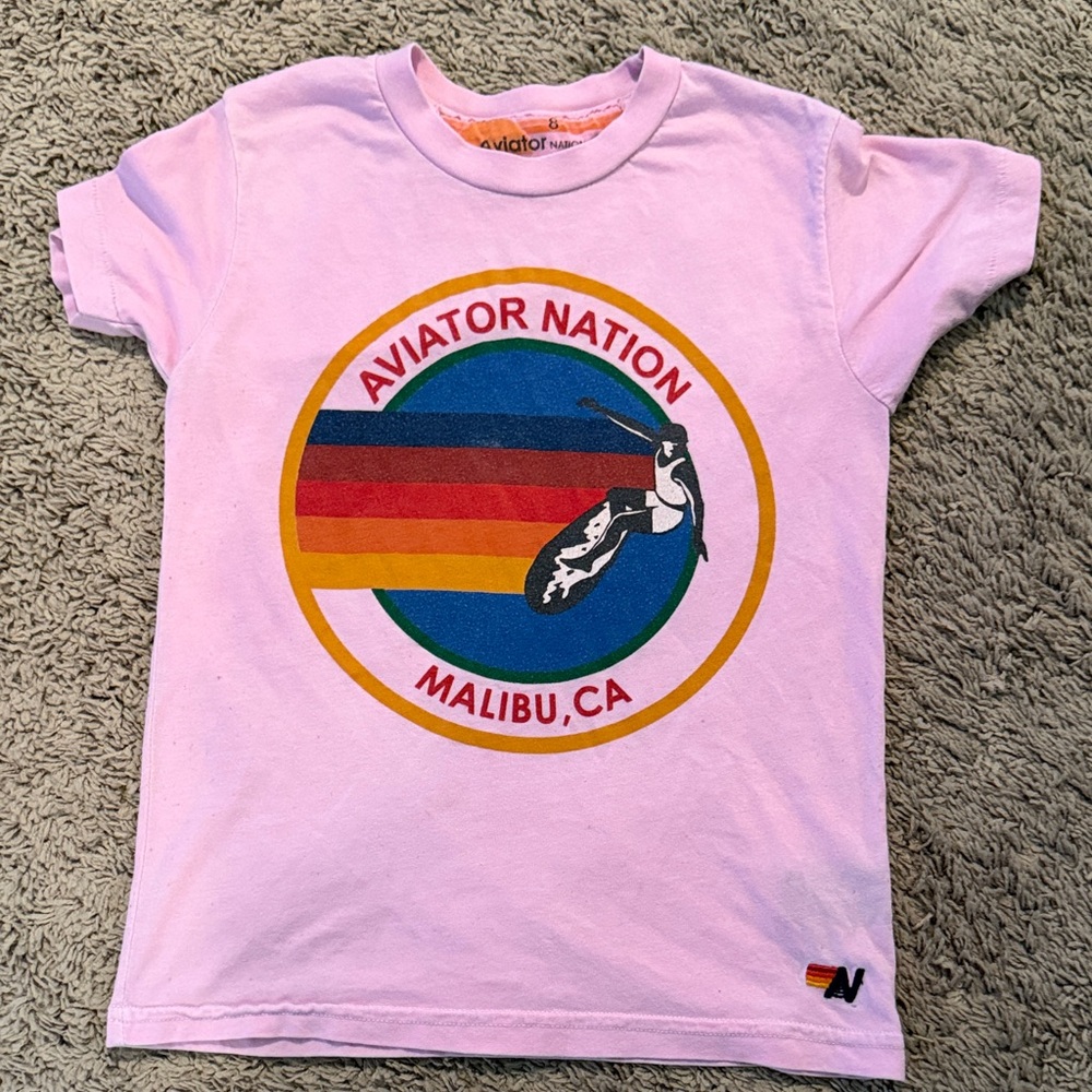 Aviator Nation Pink Kids Tee with Rainbow Logo